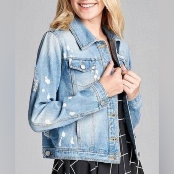 ACTIVE USA Denim Crop Jacket Large Bleach Spot Distressed Light Blue - Picture 2 of 8